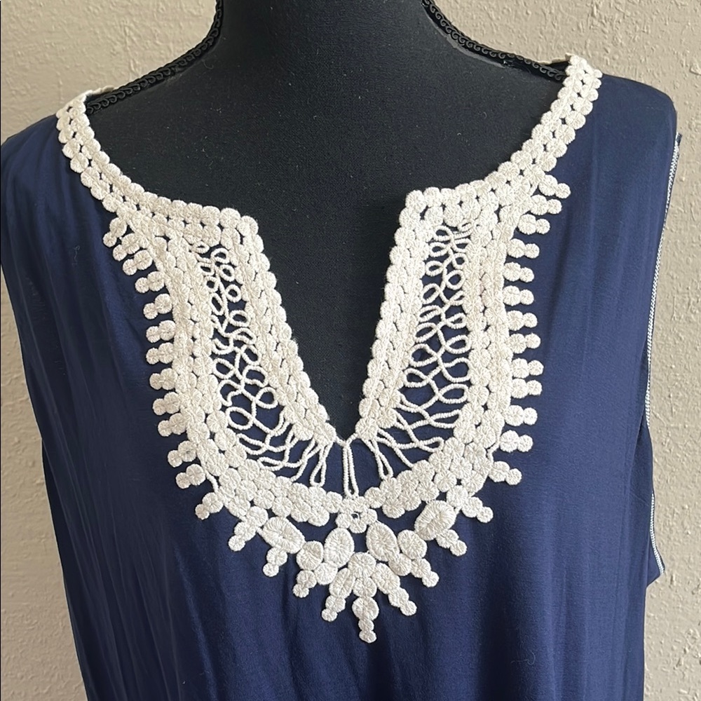 Max Studio Navy Blue Sleeveless Top with White Crochet Detail - Picture 2 of 6